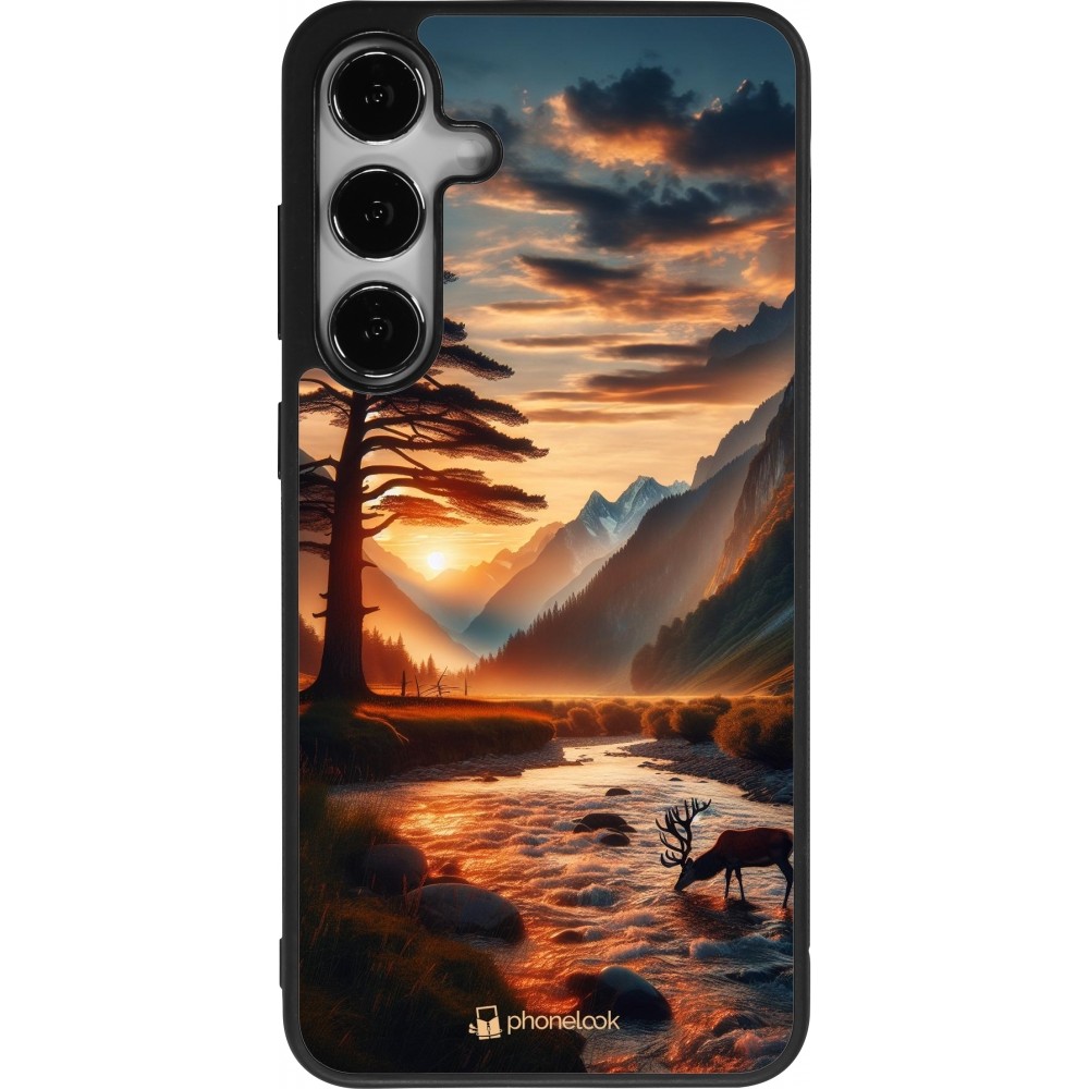 Coque Samsung Galaxy S24+ - Silicone rigide noir Valley Sunset Deer Tree