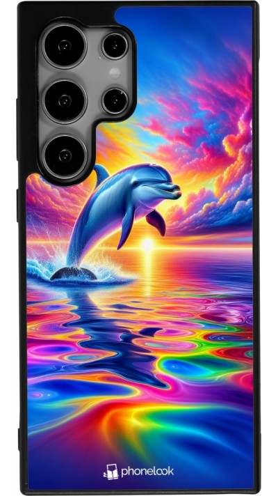 Coque Samsung Galaxy S24 Ultra - Silicone rigide noir Dauphin arc-en-ciel heureux