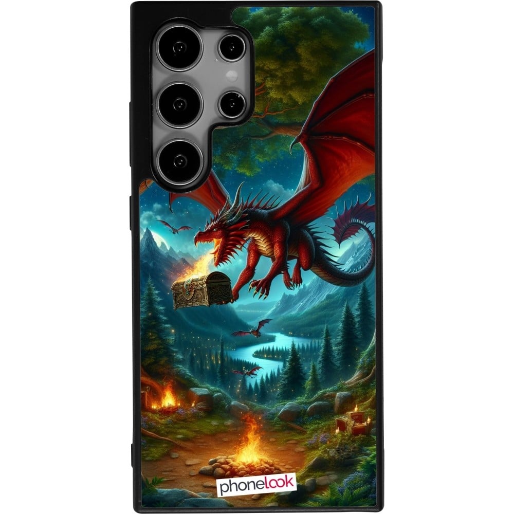 Coque Samsung Galaxy S24 Ultra - Silicone rigide noir Dragon Volant Forêt Trésor