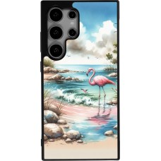 Coque Samsung Galaxy S24 Ultra - Silicone rigide noir Flamant rose aquarelle