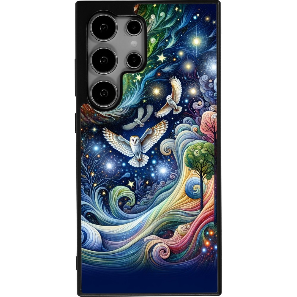 Coque Samsung Galaxy S24 Ultra - Silicone rigide noir hibou volant floral