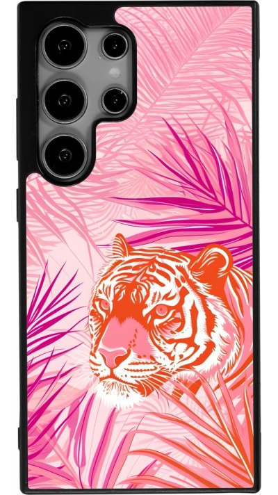 Coque Samsung Galaxy S24 Ultra - Silicone rigide noir Tigre palmiers roses