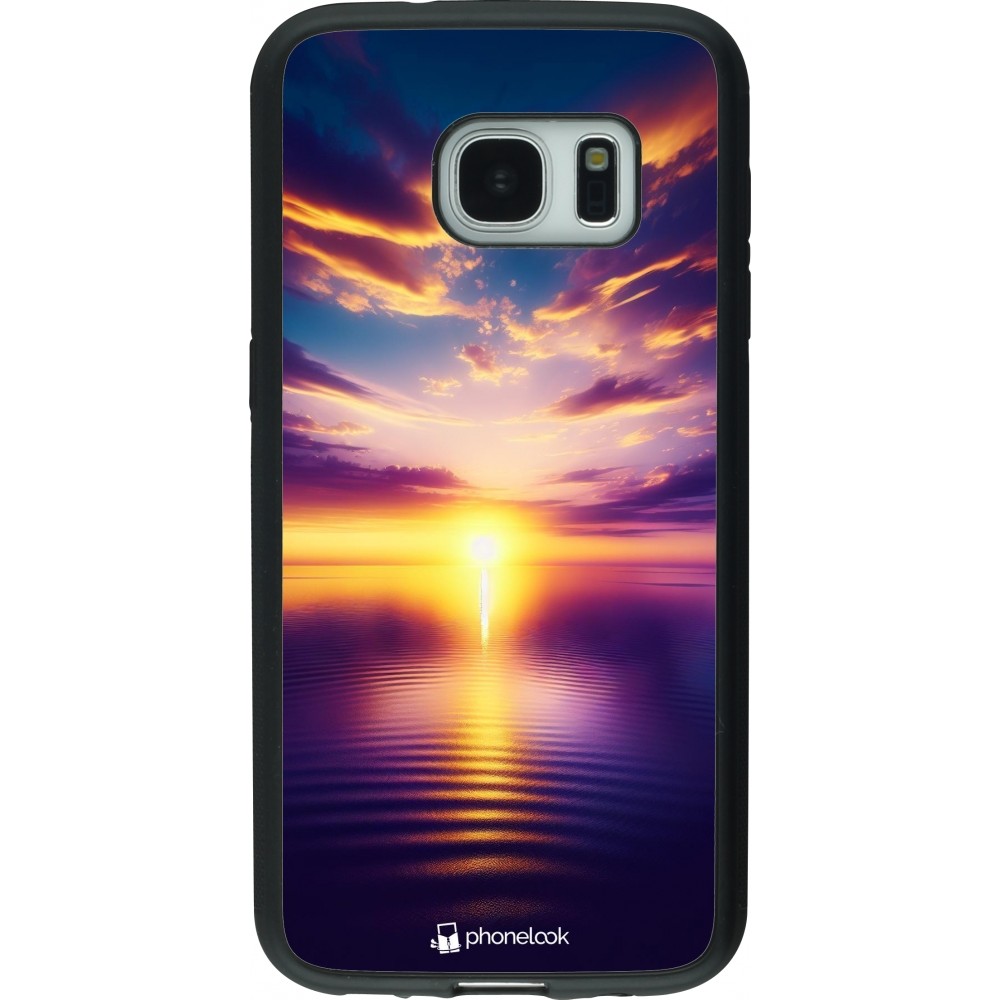 Coque Samsung Galaxy S7 - Silicone rigide noir Coucher soleil jaune violet