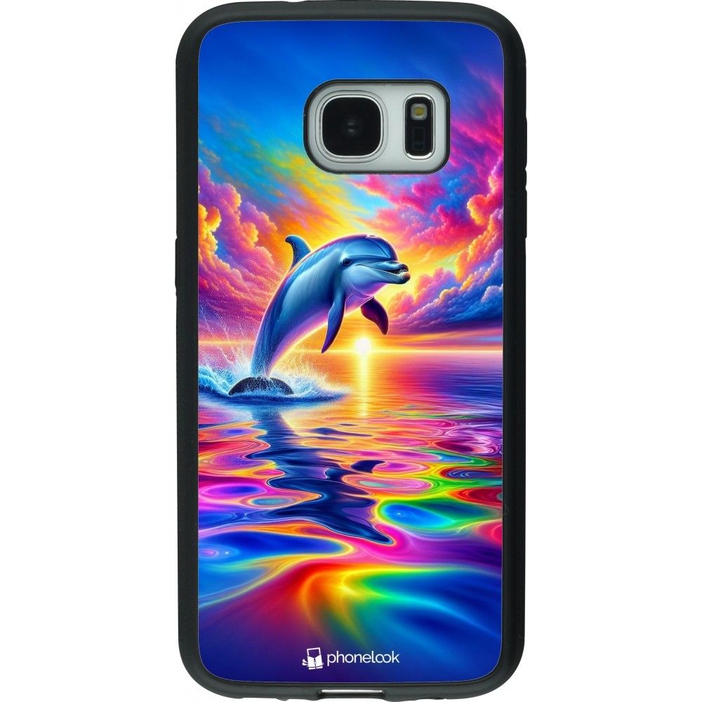 Coque Samsung Galaxy S7 - Silicone rigide noir Dauphin arc-en-ciel heureux