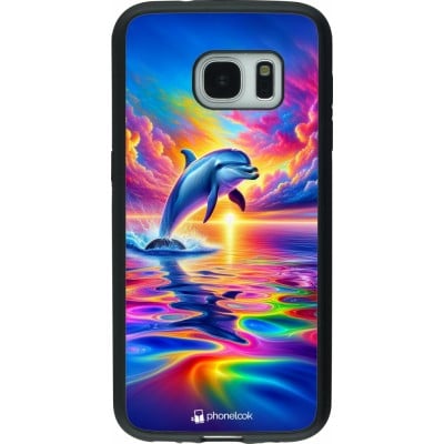 Coque Samsung Galaxy S7 - Silicone rigide noir Dauphin arc-en-ciel heureux