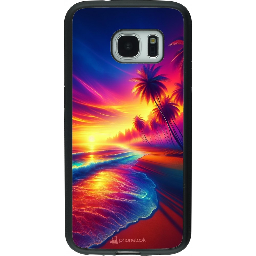 Coque Samsung Galaxy S7 - Silicone rigide noir Plage coucher soleil flashy