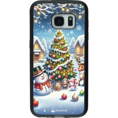 Coque Samsung Galaxy S7 - Silicone rigide noir Noël 2023 bonhomme de neige et sapin