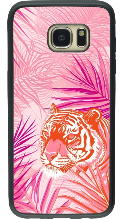 Coque Samsung Galaxy S7 edge - Silicone rigide noir Tigre palmiers roses
