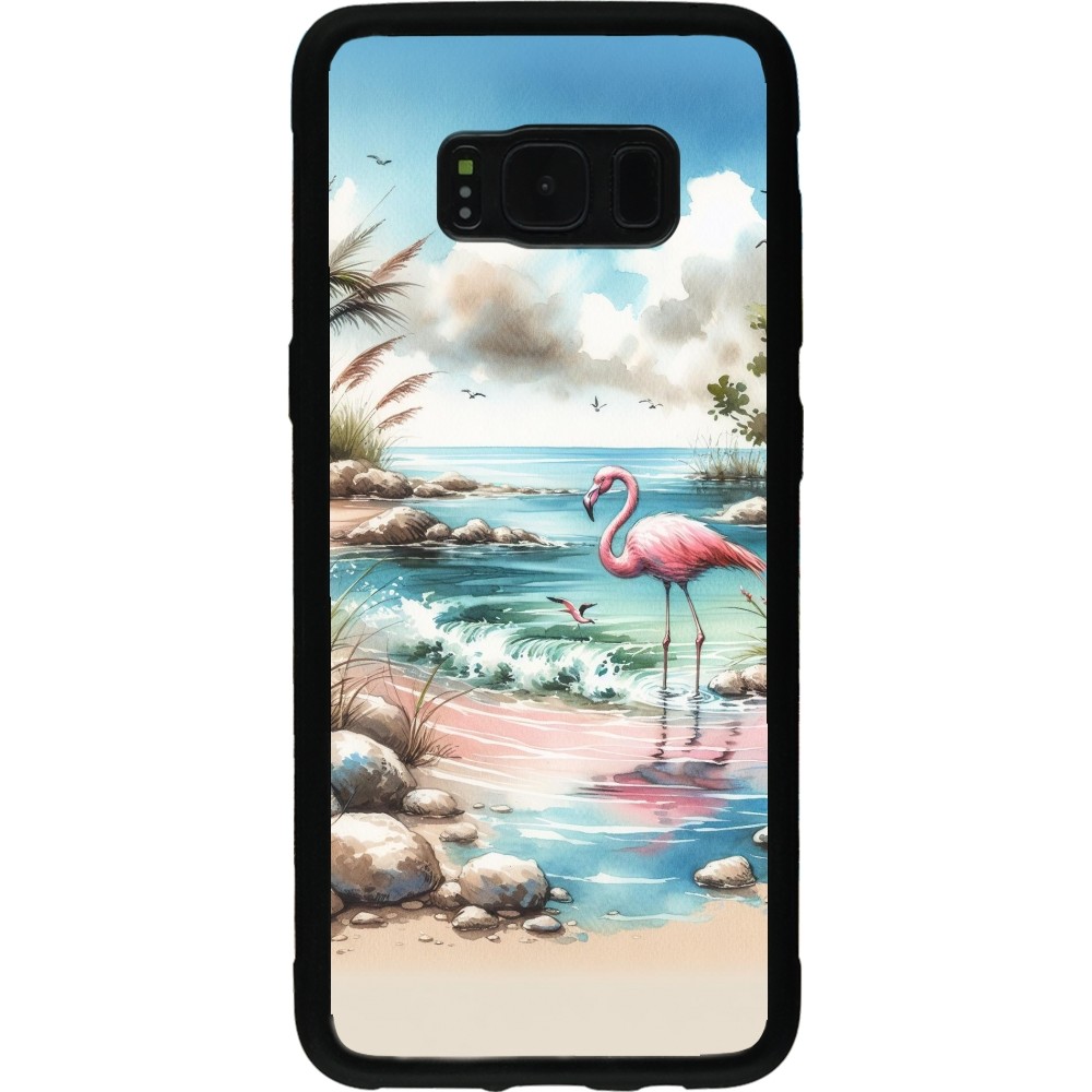 Coque Samsung Galaxy S8 - Silicone rigide noir Flamant rose aquarelle