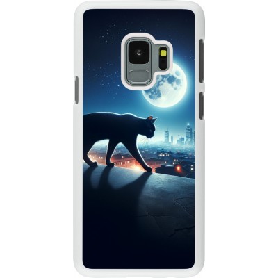 Coque Samsung Galaxy S9 - Plastique blanc Chat noir sous la pleine lune