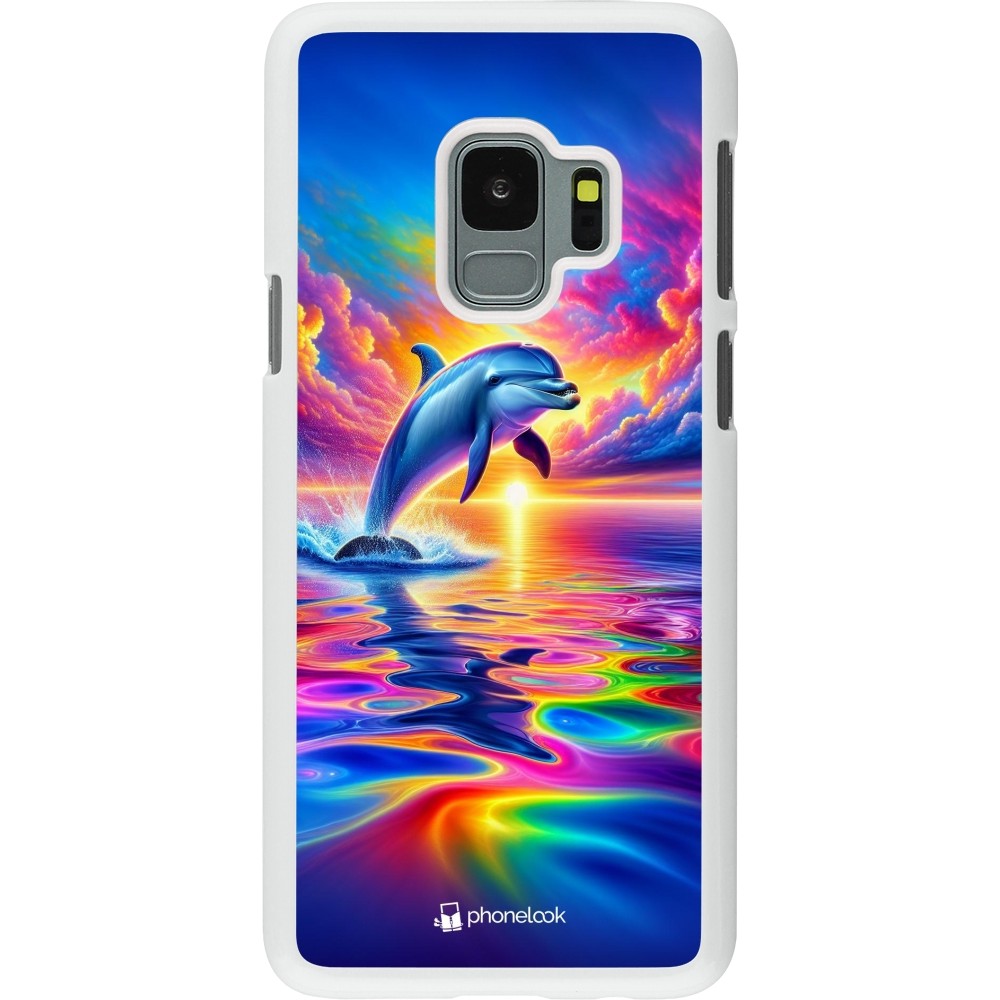 Coque Samsung Galaxy S9 - Plastique blanc Dauphin arc-en-ciel heureux