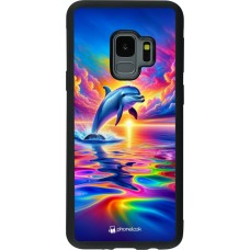 Coque Samsung Galaxy S9 - Silicone rigide noir Dauphin arc-en-ciel heureux