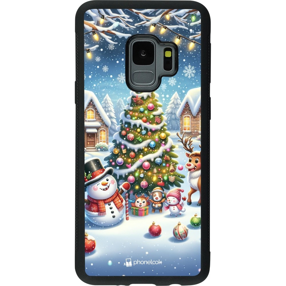 Coque Samsung Galaxy S9 - Silicone rigide noir Noël 2023 bonhomme de neige et sapin