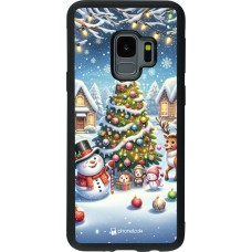 Coque Samsung Galaxy S9 - Silicone rigide noir Noël 2023 bonhomme de neige et sapin