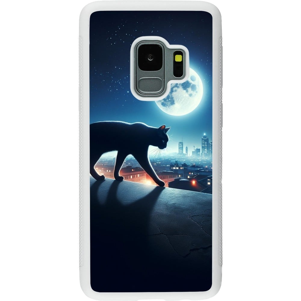 Coque Samsung Galaxy S9 - Silicone rigide blanc Chat noir sous la pleine lune