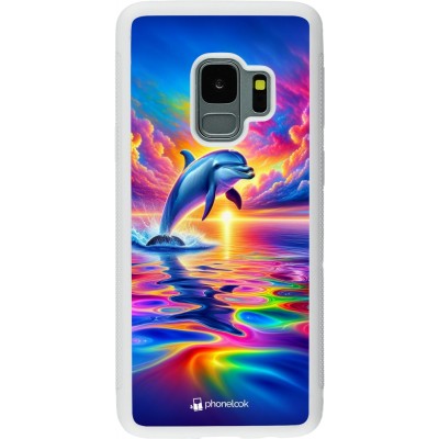 Coque Samsung Galaxy S9 - Silicone rigide blanc Dauphin arc-en-ciel heureux