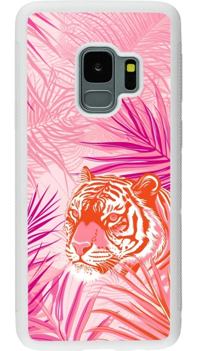Coque Samsung Galaxy S9 - Silicone rigide blanc Tigre palmiers roses