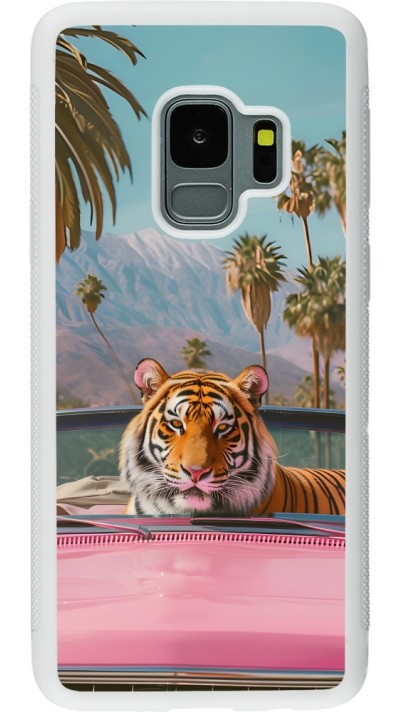 Coque Samsung Galaxy S9 - Silicone rigide blanc Tigre voiture rose