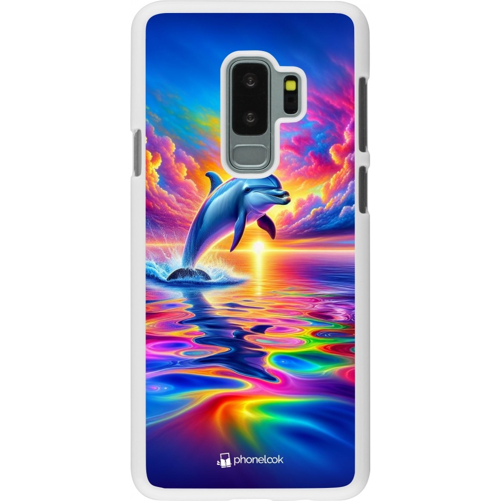 Coque Samsung Galaxy S9+ - Plastique blanc Dauphin arc-en-ciel heureux