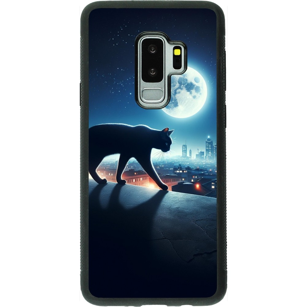 Coque Samsung Galaxy S9+ - Silicone rigide noir Chat noir sous la pleine lune