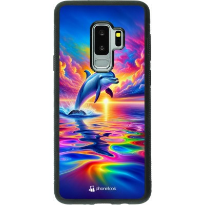 Coque Samsung Galaxy S9+ - Silicone rigide noir Dauphin arc-en-ciel heureux