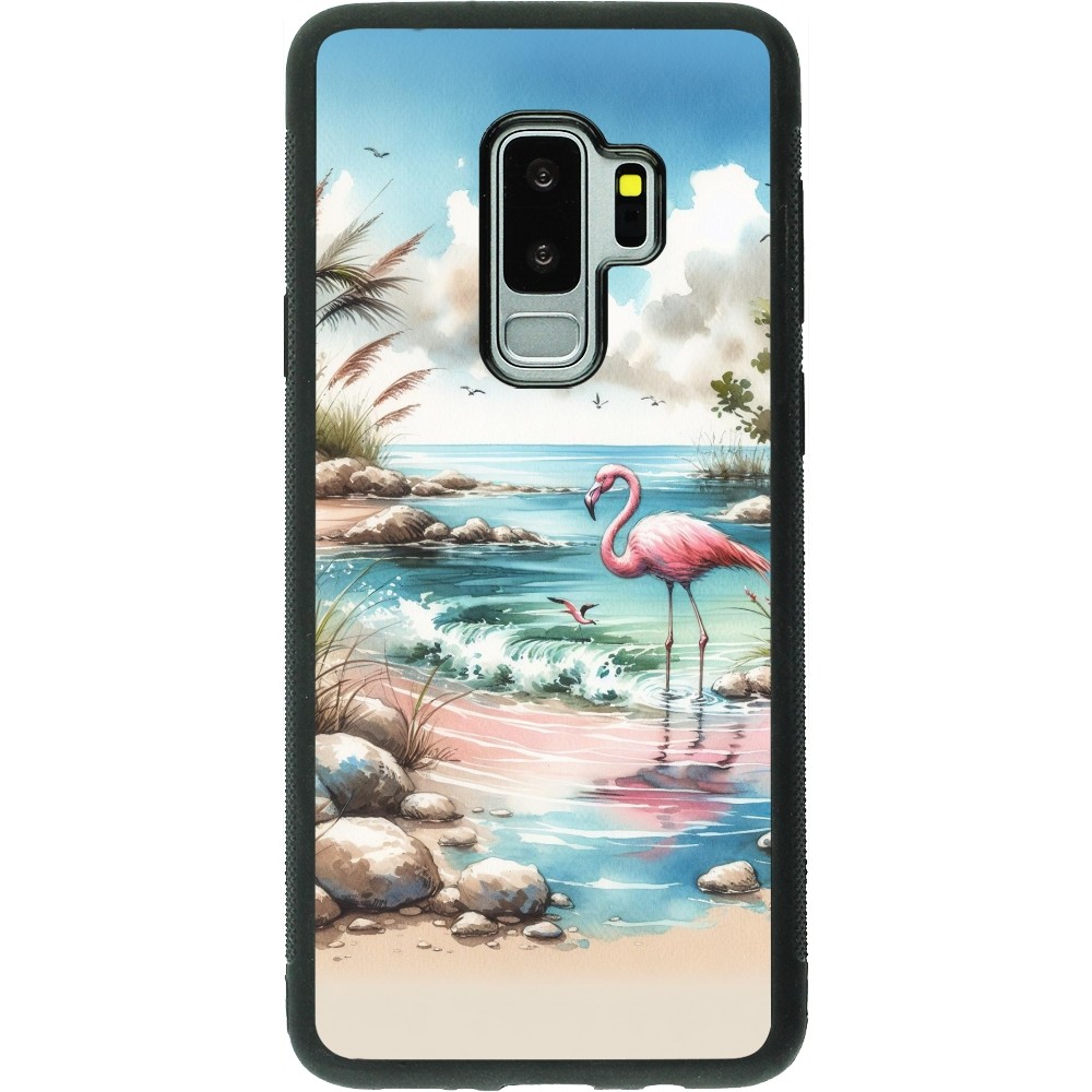 Coque Samsung Galaxy S9+ - Silicone rigide noir Flamant rose aquarelle