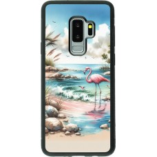 Coque Samsung Galaxy S9+ - Silicone rigide noir Flamant rose aquarelle