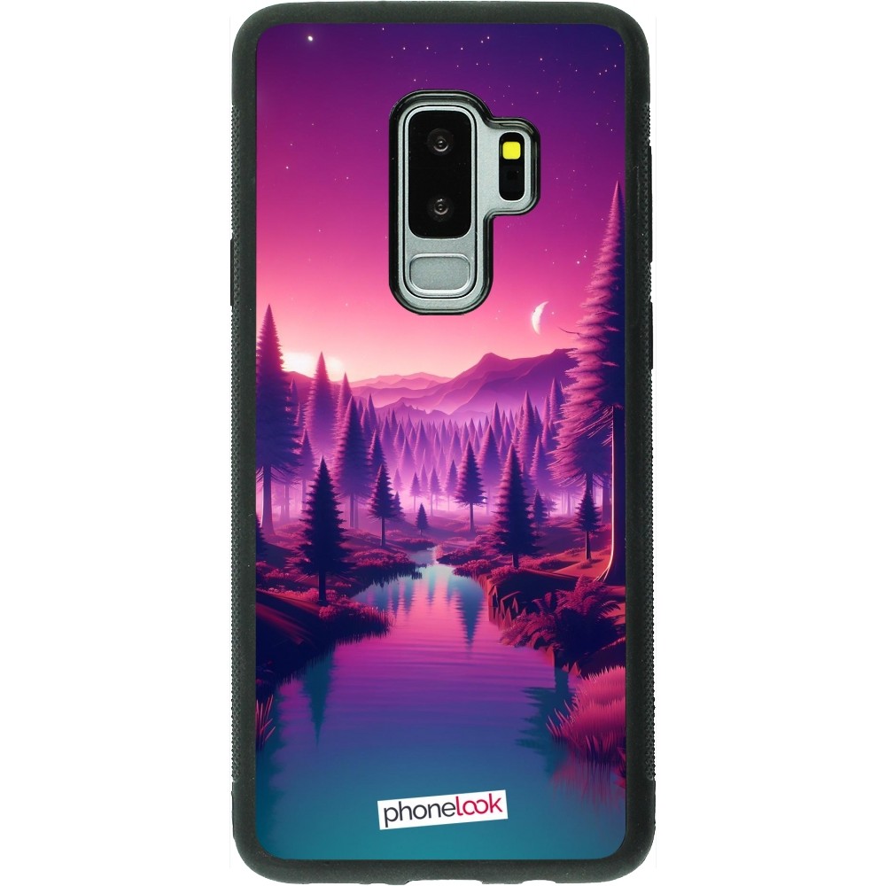 Coque Samsung Galaxy S9+ - Silicone rigide noir Paysage Violet-Rose