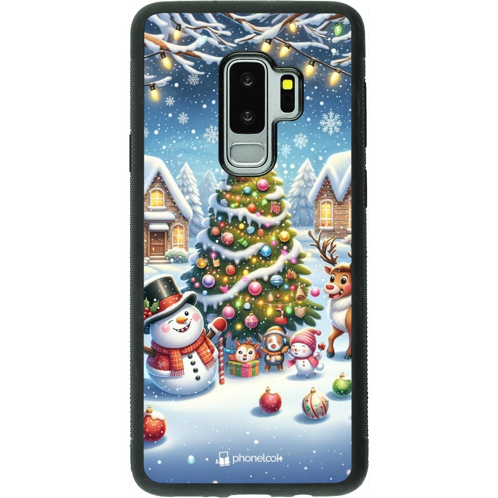 Coque Samsung Galaxy S9+ - Silicone rigide noir Noël 2023 bonhomme de neige et sapin