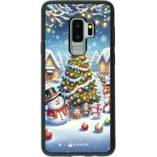 Coque Samsung Galaxy S9+ - Silicone rigide noir Noël 2023 bonhomme de neige et sapin