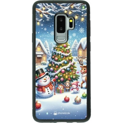 Coque Samsung Galaxy S9+ - Silicone rigide noir Noël 2023 bonhomme de neige et sapin