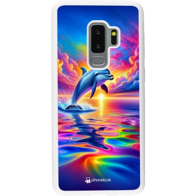 Coque Samsung Galaxy S9+ - Silicone rigide blanc Dauphin arc-en-ciel heureux