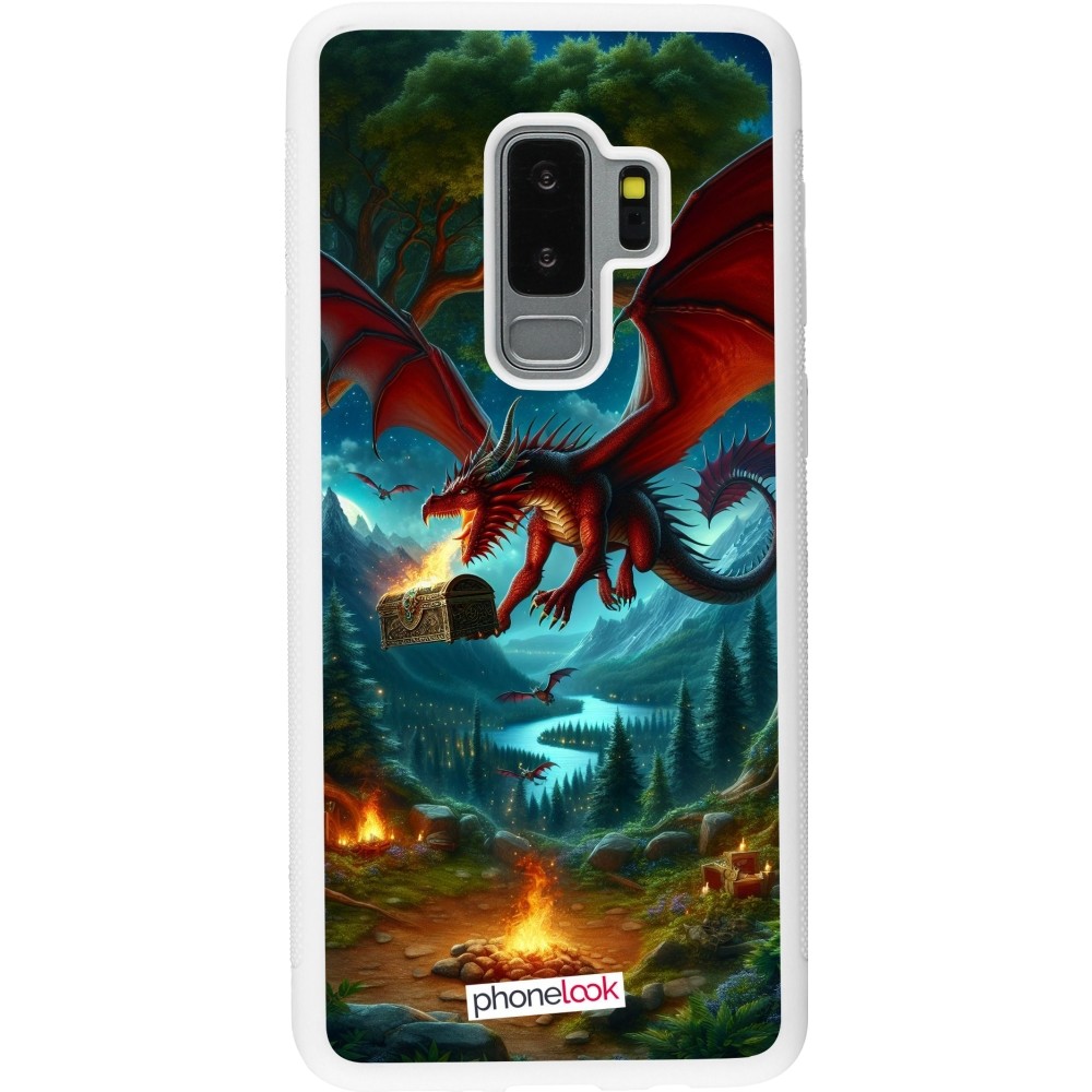 Coque Samsung Galaxy S9+ - Silicone rigide blanc Dragon Volant Forêt Trésor