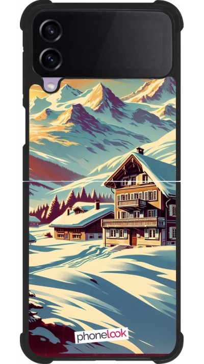 Coque Samsung Galaxy Z Flip3 5G - Silicone rigide noir Chalet montagne enneigée