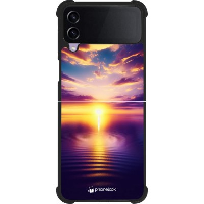 Coque Samsung Galaxy Z Flip3 5G - Silicone rigide noir Coucher soleil jaune violet