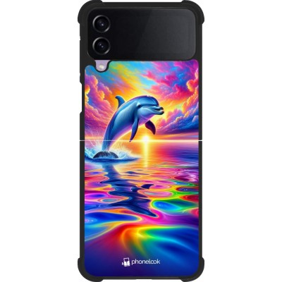 Coque Samsung Galaxy Z Flip3 5G - Silicone rigide noir Dauphin arc-en-ciel heureux