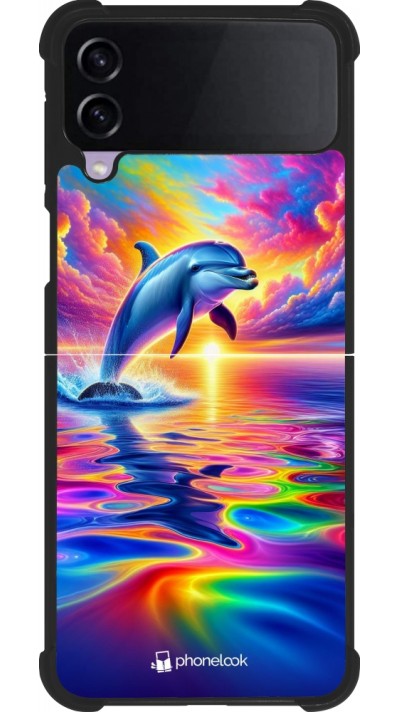 Coque Samsung Galaxy Z Flip3 5G - Silicone rigide noir Dauphin arc-en-ciel heureux