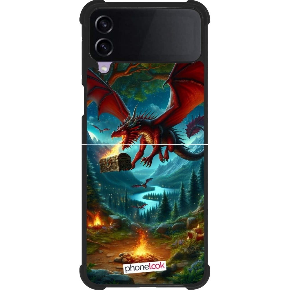 Coque Samsung Galaxy Z Flip3 5G - Silicone rigide noir Dragon Volant Forêt Trésor