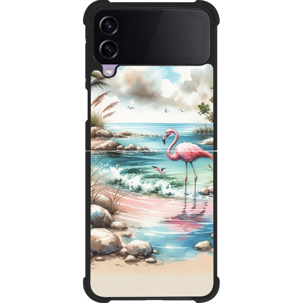 Coque Samsung Galaxy Z Flip3 5G - Silicone rigide noir Flamant rose aquarelle