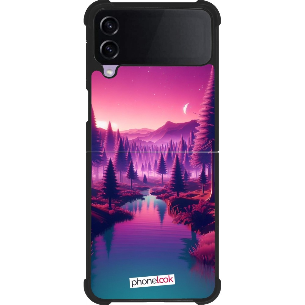 Coque Samsung Galaxy Z Flip3 5G - Silicone rigide noir Paysage Violet-Rose