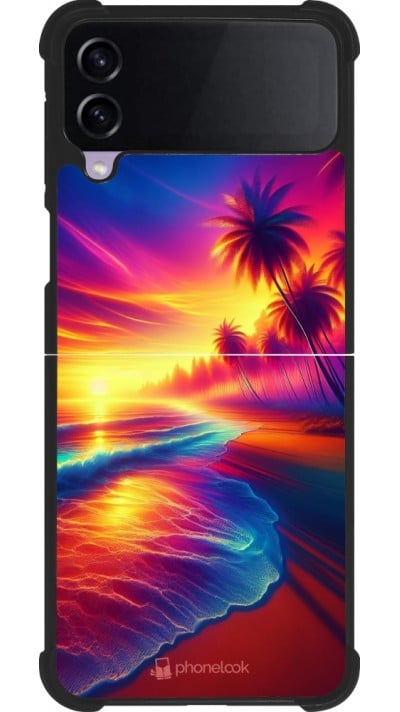 Coque Samsung Galaxy Z Flip3 5G - Silicone rigide noir Plage coucher soleil flashy