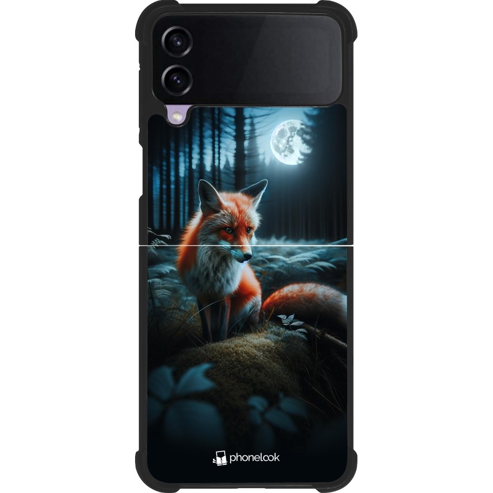 Coque Samsung Galaxy Z Flip3 5G - Silicone rigide noir Renard lune forêt