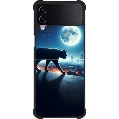 Coque Samsung Galaxy Z Flip4 - Silicone rigide noir Chat noir sous la pleine lune