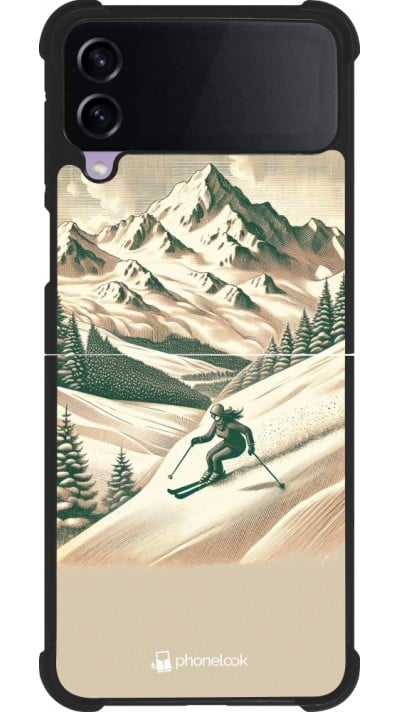 Coque Samsung Galaxy Z Flip4 - Silicone rigide noir Vintage Ski Mountain