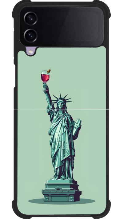 Coque Samsung Galaxy Z Flip4 - Silicone rigide noir Wine Statue de la liberté avec un verre de vin