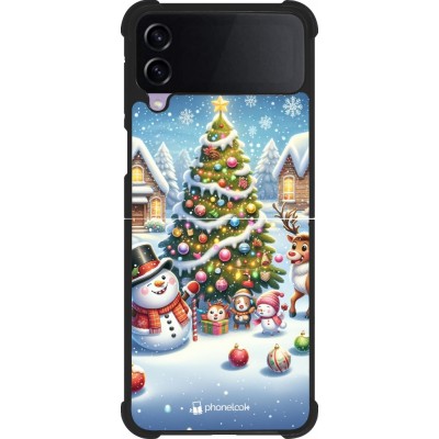 Coque Samsung Galaxy Z Flip4 - Silicone rigide noir Noël 2023 bonhomme de neige et sapin