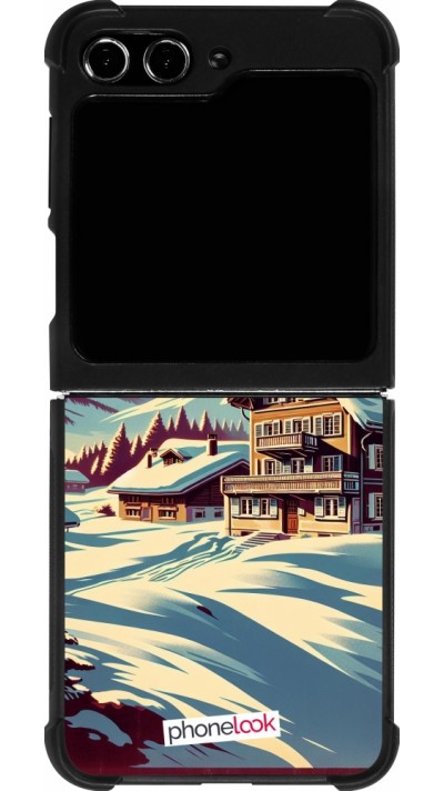 Coque Samsung Galaxy Z Flip5 - Silicone rigide noir Chalet montagne enneigée