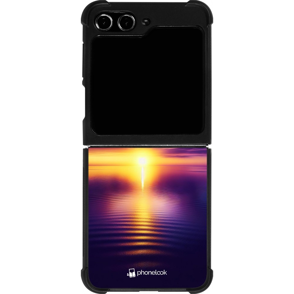 Coque Samsung Galaxy Z Flip5 - Silicone rigide noir Coucher soleil jaune violet