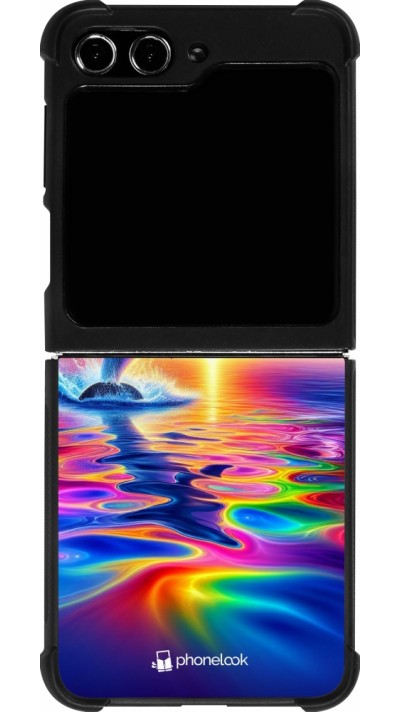 Coque Samsung Galaxy Z Flip5 - Silicone rigide noir Dauphin arc-en-ciel heureux