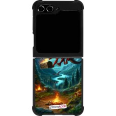 Coque Samsung Galaxy Z Flip5 - Silicone rigide noir Dragon Volant Forêt Trésor